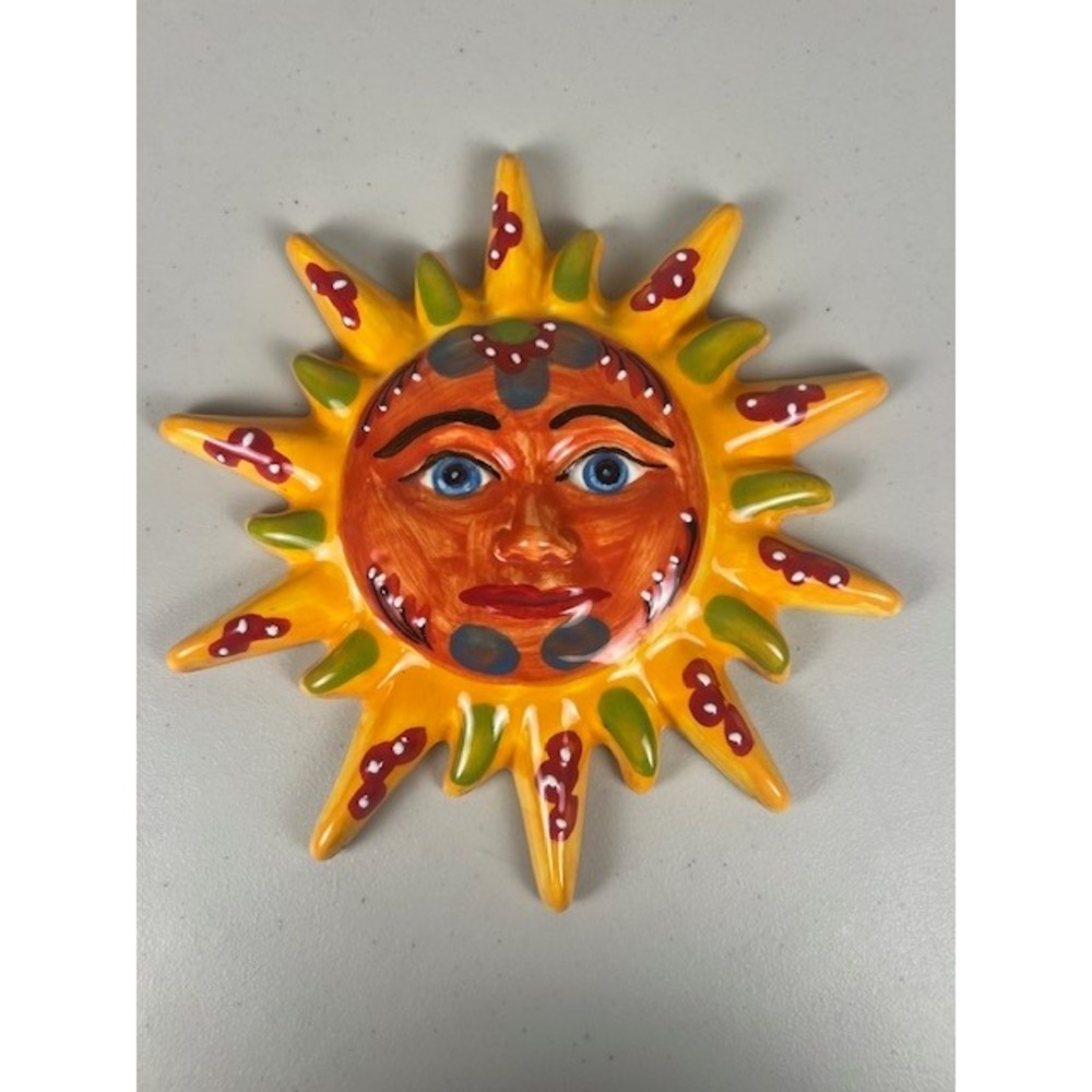 Italian Hand Painted Ceramic Sun Face Wall Hanging Glazed Celestial Decor 9.5in